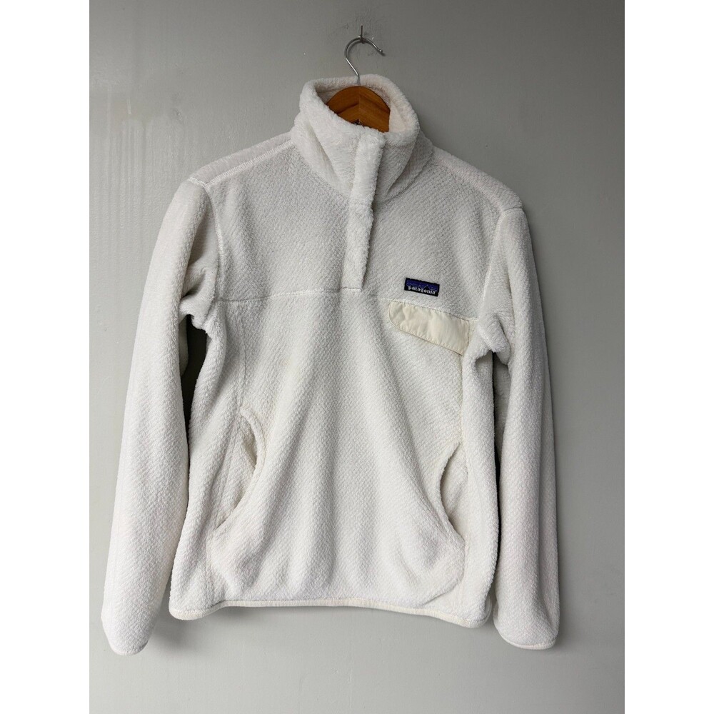 Patagonia Fleece Pullover Womens Medium Ivory Cream Snap Neck Kangaroo Pocket